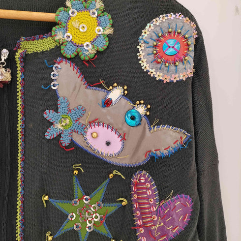 アルベロベロ OLLEBOREBLA オレボレブラ ブタさん スパンコール アップリケ ビジュー装飾 カシミヤ混 ダブルジップ カーディガン レディース