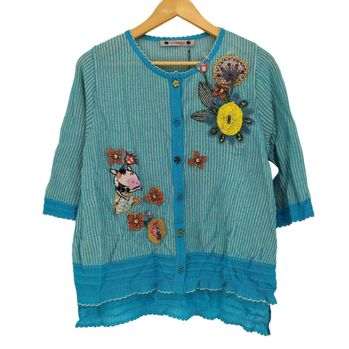 アルベロベロ OLLEBOREBLA オレボレブラ ブタさん アップリケ ビジュー装飾 七分丈 ストライプ シースルーカーディガン レディース