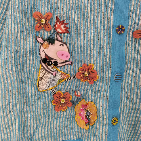 アルベロベロ OLLEBOREBLA オレボレブラ ブタさん アップリケ ビジュー装飾 七分丈 ストライプ シースルーカーディガン レディース