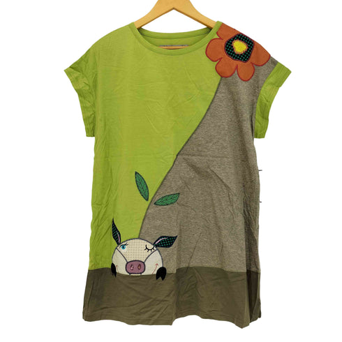 アルベロベロ OLLEBOREBLA オレボレブラ ブタさん 刺繍 ビジュー装飾 ラメ糸ツートン 半袖チュニック レディース