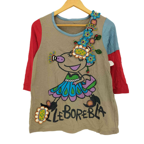 アルベロベロ OLLEBOREBLA オレボレブラ ブタさん ドレス 顔料プリント アップリケ ビジュー装飾 フェイクレイヤード 七分丈カットソー レディース