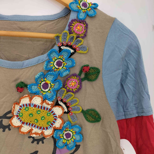 アルベロベロ OLLEBOREBLA オレボレブラ ブタさん ドレス 顔料プリント アップリケ ビジュー装飾 フェイクレイヤード 七分丈カットソー レディース