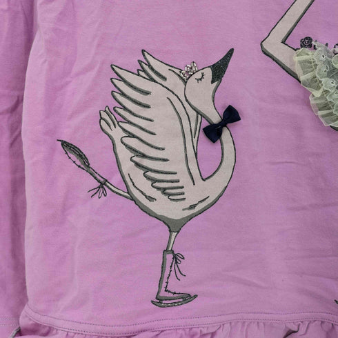 アルベロベロ OLLEBOREBLA オレボレブラ ブタさん 白鳥の湖 バレエ 顔料プリント ラメ糸 フリル ビジュー装飾ボートネック長袖カットソー レディース