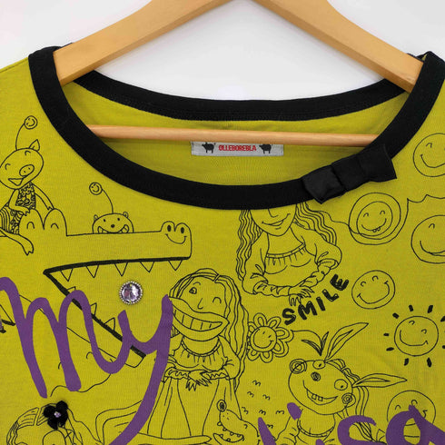 アルベロベロ OLLEBOREBLA オレボレブラ ブタさん モナリザ ラメ糸 顔料プリント ビーズ装飾 総柄 七分丈カットソー レディース