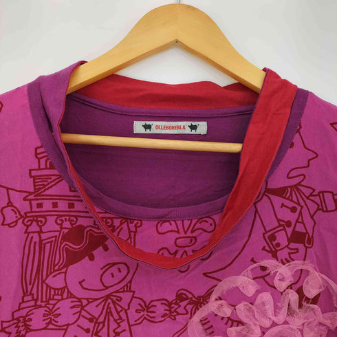 アルベロベロ OLLEBOREBLA オレボレブラ ブタさん ヨーロッパ 中世 テープフリンジ フラワー装飾 シアー切替 ネックデザイン ボートネック長袖カットソー レディース