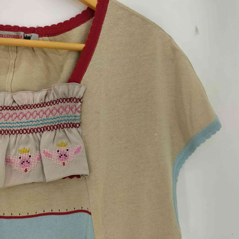 アルベロベロ OLLEBOREBLA オレボレブラ ぶたさん 刺繍 マルチボーダー フレンチスリーブカットソー レディース