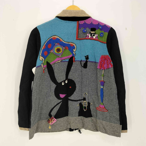 アルベロベロ OLLEBOREBLA オレボレブラ ぶたさん うさぎさん お買い物 お金持ち アップリケ ラメ糸 襟 リブ切替 カーディガン レディース