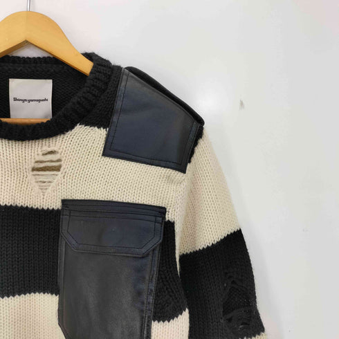 Shinya yamaguchi 16aw Commander sweater ボーダー レザーパッチ ダメージ ウールニット メンズ JPN:S