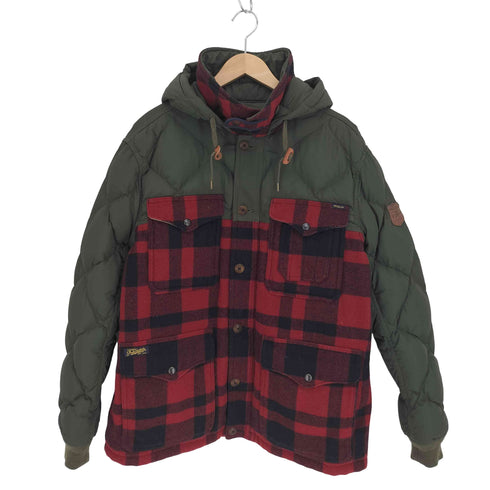 ポロラルフローレン POLO RALPH LAUREN ロゴレザーワッペン チンストラップ キルティング バッファローチェック 2WAY フェザー ダウン ジャケット メンズ import:L