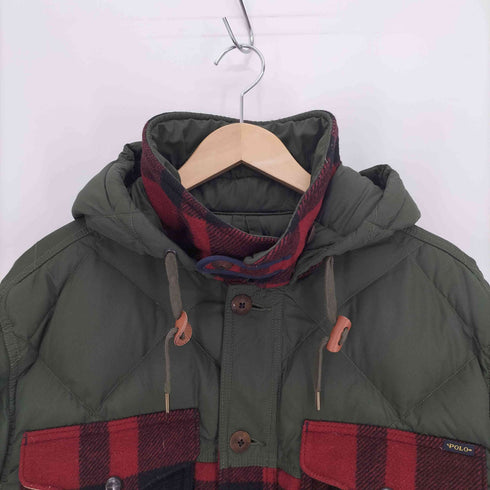 ポロラルフローレン POLO RALPH LAUREN ロゴレザーワッペン チンストラップ キルティング バッファローチェック 2WAY フェザー ダウン ジャケット メンズ import:L