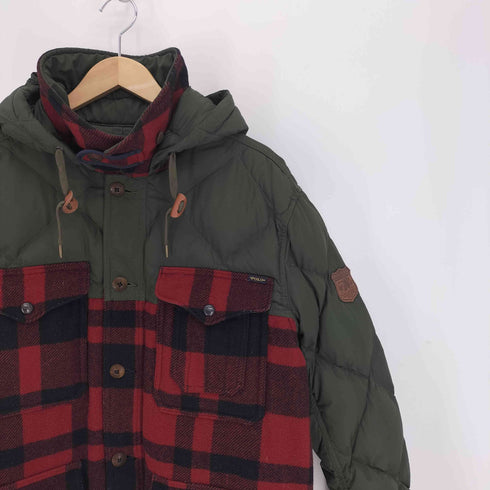 ポロラルフローレン POLO RALPH LAUREN ロゴレザーワッペン チンストラップ キルティング バッファローチェック 2WAY フェザー ダウン ジャケット メンズ import:L
