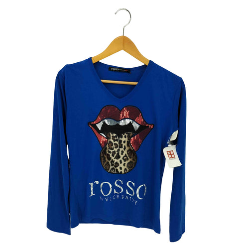 ROSSO スパンコール リップデザイン レオパード柄 Vネック 長袖Tシャツ カットソー Y2K JAPANESE LABEL メンズ M