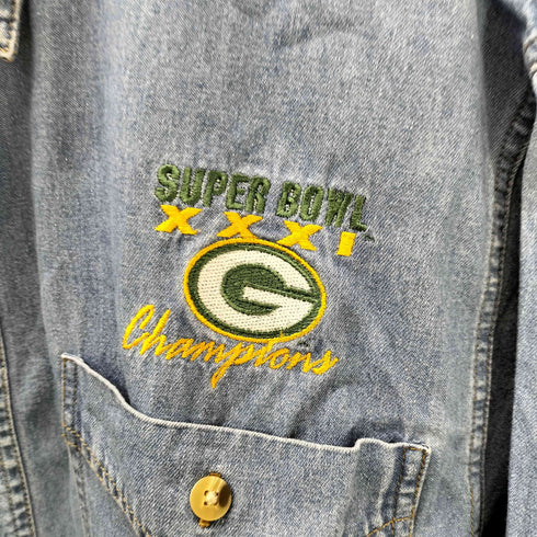 リー Lee 90S DENIM COLLECTION SUPER BOWL ロゴ 刺繍 アメリカンフットボール ボタンダウン シャンブレー L/S シャツ メンズ import:M