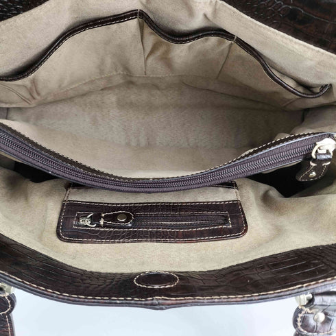 クロコ型押しリアルレザーハンドバッグ レディース