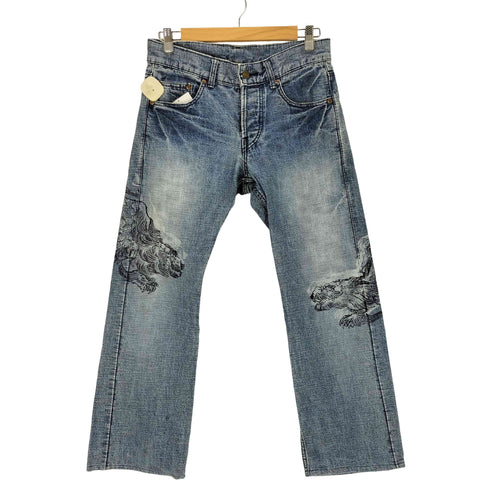 空 KU 虎 プリント ウォッシュドフレアデニム メンズ 30