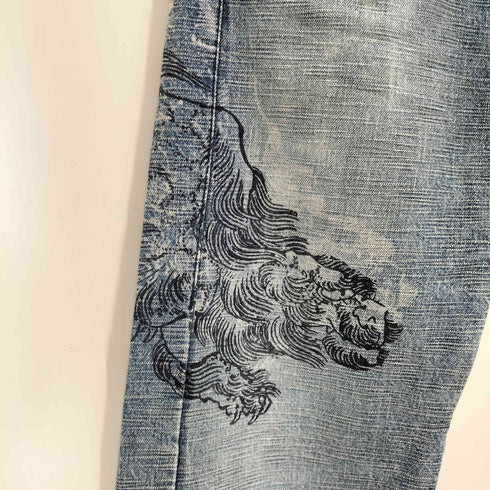 空 KU 虎 プリント ウォッシュドフレアデニム メンズ 30