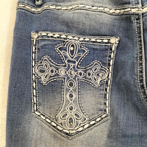 ラインストーン クロス刺繍 フレアデニムパンツ Y2K レディース S
