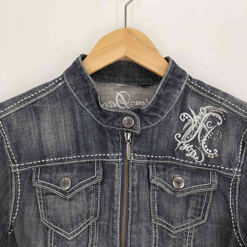 両面刺繍 ラインストーン ステッチデザイン シングルライダース デニムジャケット Y2K レディース