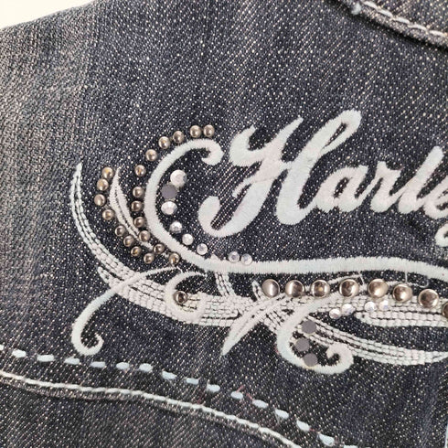 両面刺繍 ラインストーン ステッチデザイン シングルライダース デニムジャケット Y2K レディース