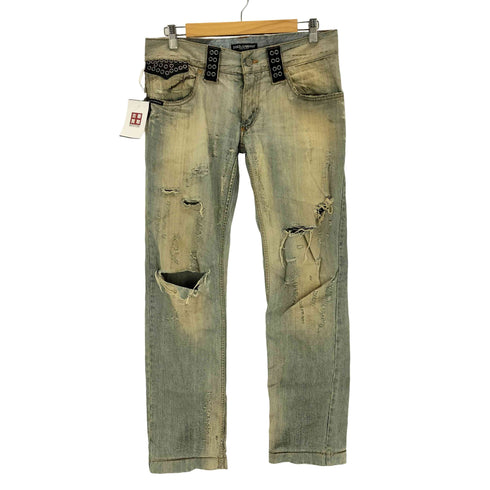 ドルチェアンドガッバーナ DOLCE&GABBANA 06SS 加工 レザーベルトループハトメダメージデニムパンツ メンズ 46
