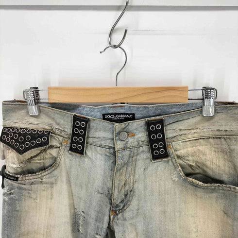 ドルチェアンドガッバーナ DOLCE&GABBANA 06SS 加工 レザーベルトループハトメダメージデニムパンツ メンズ 46