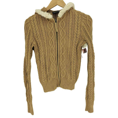 ダナキャランニューヨークジーンズ DKNY JEANS 00S ケーブル編み ボアフード ジップアップ ニット フーディー パーカー Y2K レディース import:XS