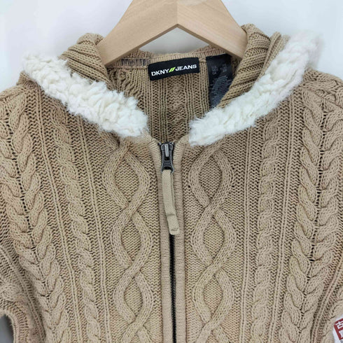 ダナキャランニューヨークジーンズ DKNY JEANS 00S ケーブル編み ボアフード ジップアップ ニット フーディー パーカー Y2K レディース import:XS
