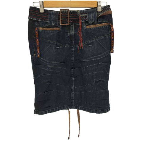 マリテフランソワジルボー MARITHE FRANCOIS GIRBAUD 00S ベルト付 フリンジデザイン ジップフライ ギャザー デニム スカート Y2K レディース JPN:M
