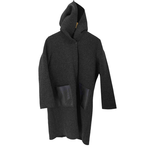 LA MONET フェイクレザーポケット フード コート レディース