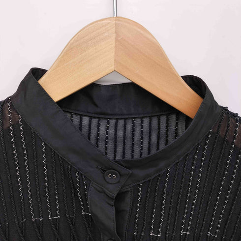 ヒロココシノ HIROKO KOSHINO シアー パイピングライン スタンドカラー L/S シャツ レディース