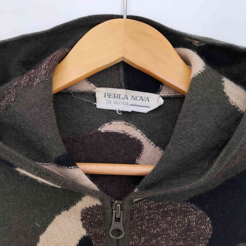 Perlanova カシミヤ100 カモ柄 ダブルジップ ニット パーカー レディース JPN:38