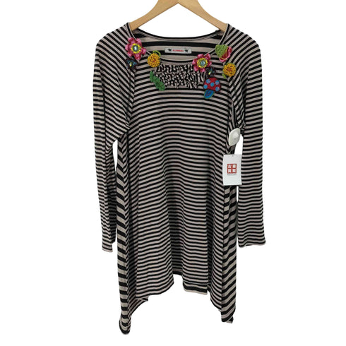 アルベロベロ OLLEBOREBLA フラワーモチーフ付き アシンメトリー ボーダーカットソー レディース