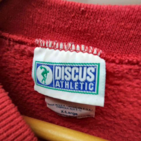 ディスカス アスレチック Discus Athletic 90S USA製 2枚タグ 50/50 ポリ コットン ロゴ 刺繍 クルーネック スウェット メンズ import:XL