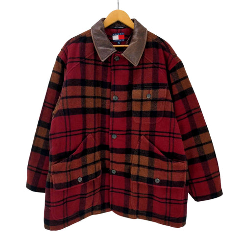 トミーヒルフィガー TOMMY HILFIGER 90S 襟レザー ウール ナイロン ハンティング チェック ジャケット 裏地キルティング メンズ import:XL