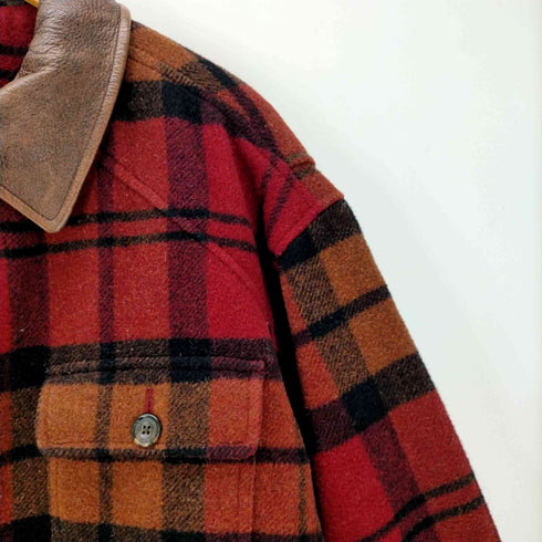 トミーヒルフィガー TOMMY HILFIGER 90S 襟レザー ウール ナイロン ハンティング チェック ジャケット 裏地キルティング メンズ import:XL