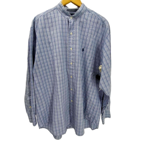 ラルフローレン RALPH LAUREN 90S BLAKE ブレイク ポニー刺繍 マドラスチェック バンドカラー シャツ ビックサイズ メンズ import:L