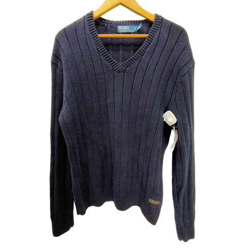 ポロバイラルフローレン Polo by RALPH LAUREN 90S ポニー無し リブ編み エルボーパッチ Vネック リブニット セーター 肉厚 ビックサイズ メンズ import:L