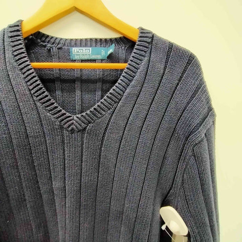 ポロバイラルフローレン Polo by RALPH LAUREN 90S ポニー無し リブ編み エルボーパッチ Vネック リブニット セーター 肉厚 ビックサイズ メンズ import:L