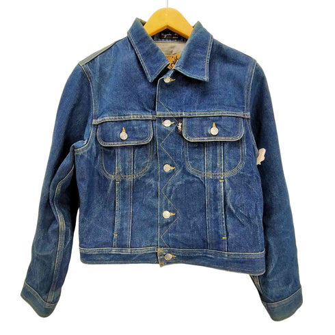 アニエスベー agnes b. PARIS 90S 旧タグ トカゲ 革パッチ サンライズ期 フランス製 デニム トラッカー ジャケット 濃絹 短丈 archive アーカイブ メンズ 2