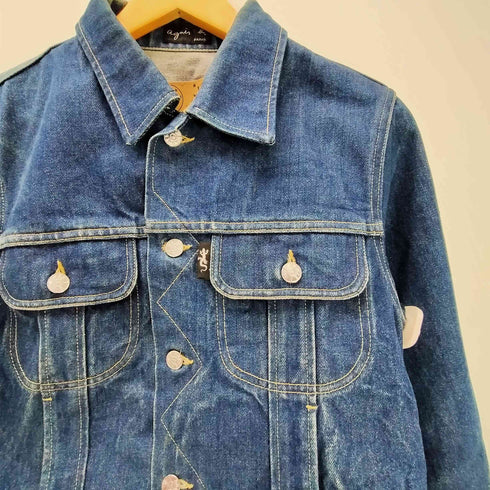 アニエスベー agnes b. PARIS 90S 旧タグ トカゲ 革パッチ サンライズ期 フランス製 デニム トラッカー ジャケット 濃絹 短丈 archive アーカイブ メンズ 2