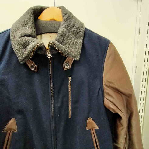 ヒロミチナカノ hiromichi nakano 裏地ストライプ 袖シープレザー 本革 切り替え メルトン ウール フルジップ シングル バーシティジャケット スタジャン ダブルジップ メンズ JPN:M