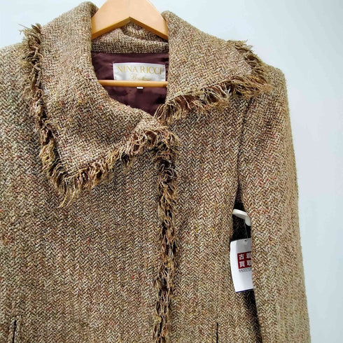 ニナリッチ NINA RICCI イタリア製 生地 シルク アクリル ウール ツイード フリンジ デザイン ジップアップ ジャケット レディース 9
