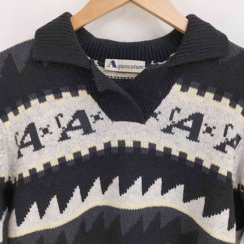 アクアスキュータム AQUASCUTUM 00-90S ウール混 ナイロン 総柄 スキッパーニット メンズ