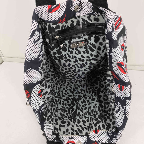 Betsey Johnson 総柄 顔 ガールプリント 裏地ヒョウ柄 唇 フリンジ チャーム付 トート バッグ レディース