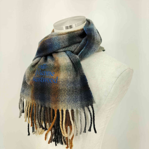 ヴィヴィアンウエストウッド Vivienne Westwood イタリア製 ウール アクリル オンブレチェック フリンジマフラー メンズ