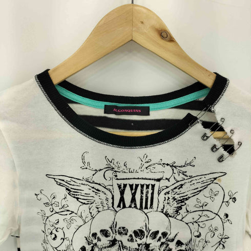アルゴンキン ALGONQUINS スカル プリント 安全ピン 背面ボーダー クルーネック 半袖Tシャツ Y2K レディース JPN:1