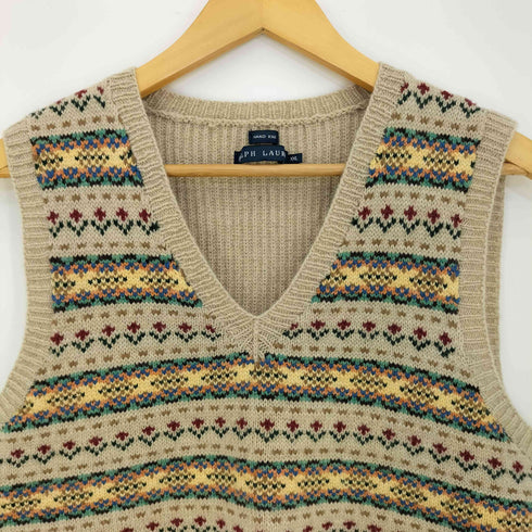 ラルフローレン RALPH LAUREN HAND KNIT カシミヤ混 マルチボーダー Vネック ベスト レディース import:XXL