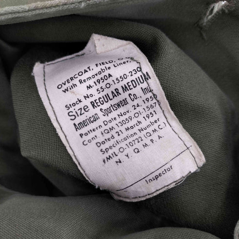 ユーエスアーミー U.S. ARMY 50S OVERCOAT FEILD O D M-1950 コットン オーバーコート ミリタリー メンズ MEDIUM REGULAR