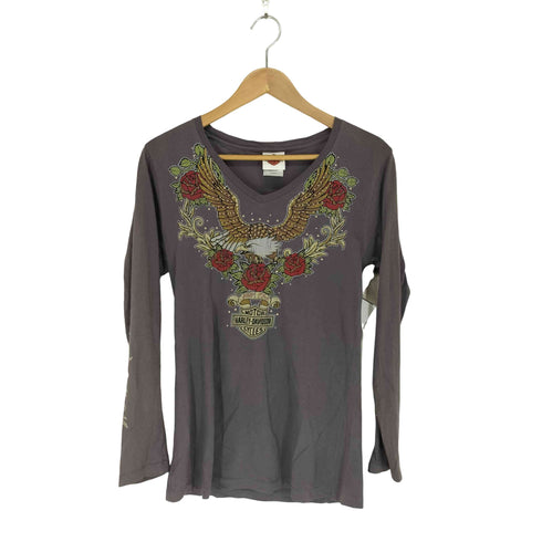 ハーレーダビッドソン HARLEY-DAVIDSON ラインストーンデザインVネックカットソー Y2K レディース L