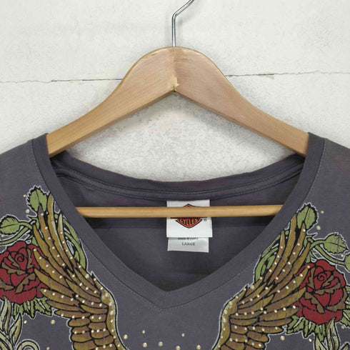 ハーレーダビッドソン HARLEY-DAVIDSON ラインストーンデザインVネックカットソー Y2K レディース L